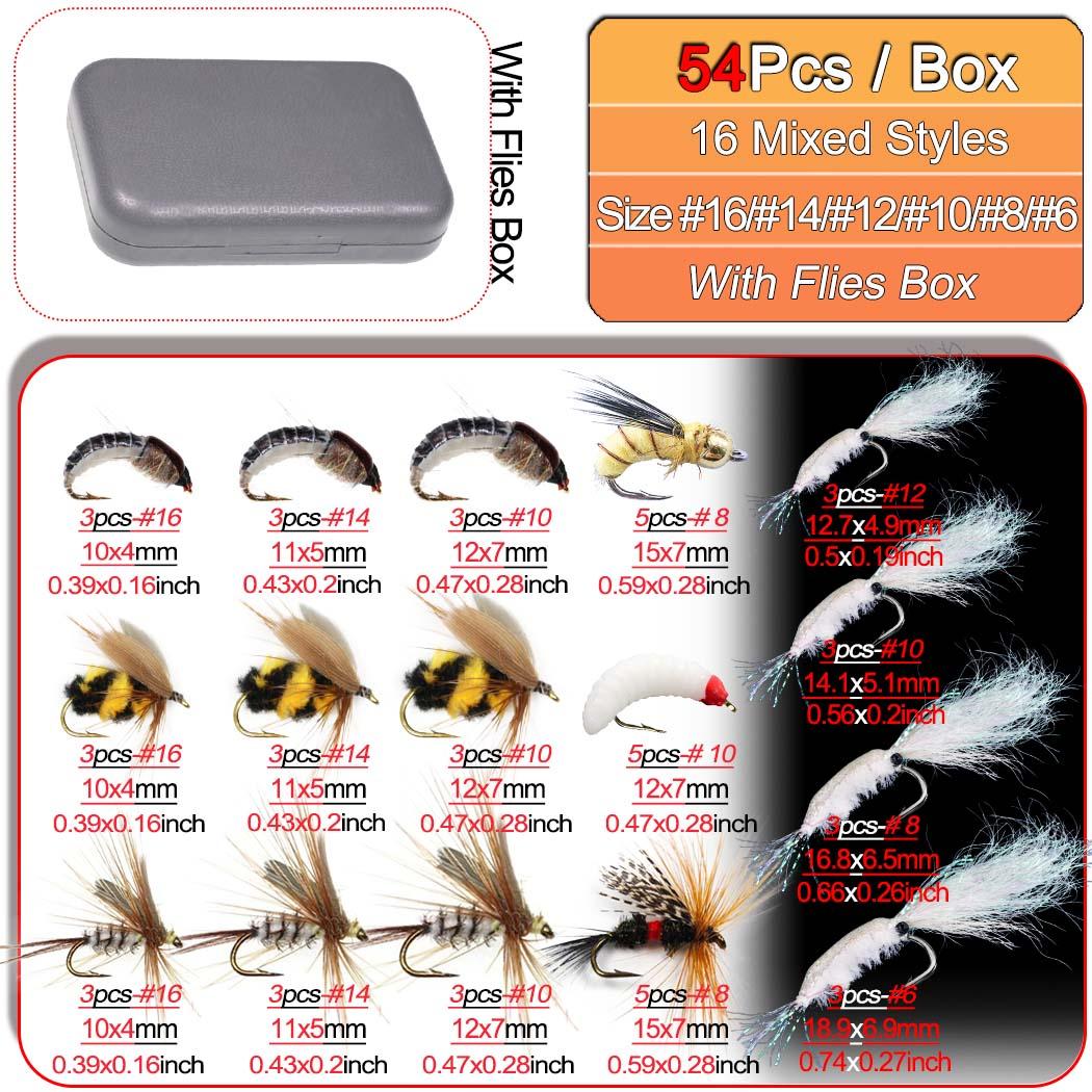 

24-84 шт. Набор искусственных насекомых для ловли форели, хариуса, окуня, лосося, приманки для ловли рыбы 54Pcs-Box(16Mixed Styles)