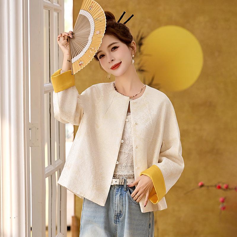 

Spring 2025 New Chinese National Style Jacquard Color Block Round Neck Cardigan Jacket RX9216 Small 45-55 kg