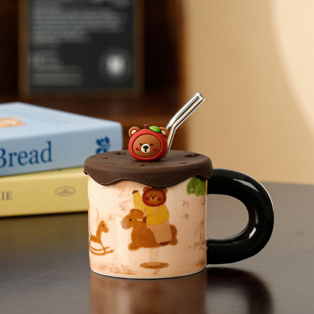 Cartoon Cute Apple Bear Pastoral Style Ceramic Cup with Lid High Appearance Large Capacity Water Cup Gift Girl