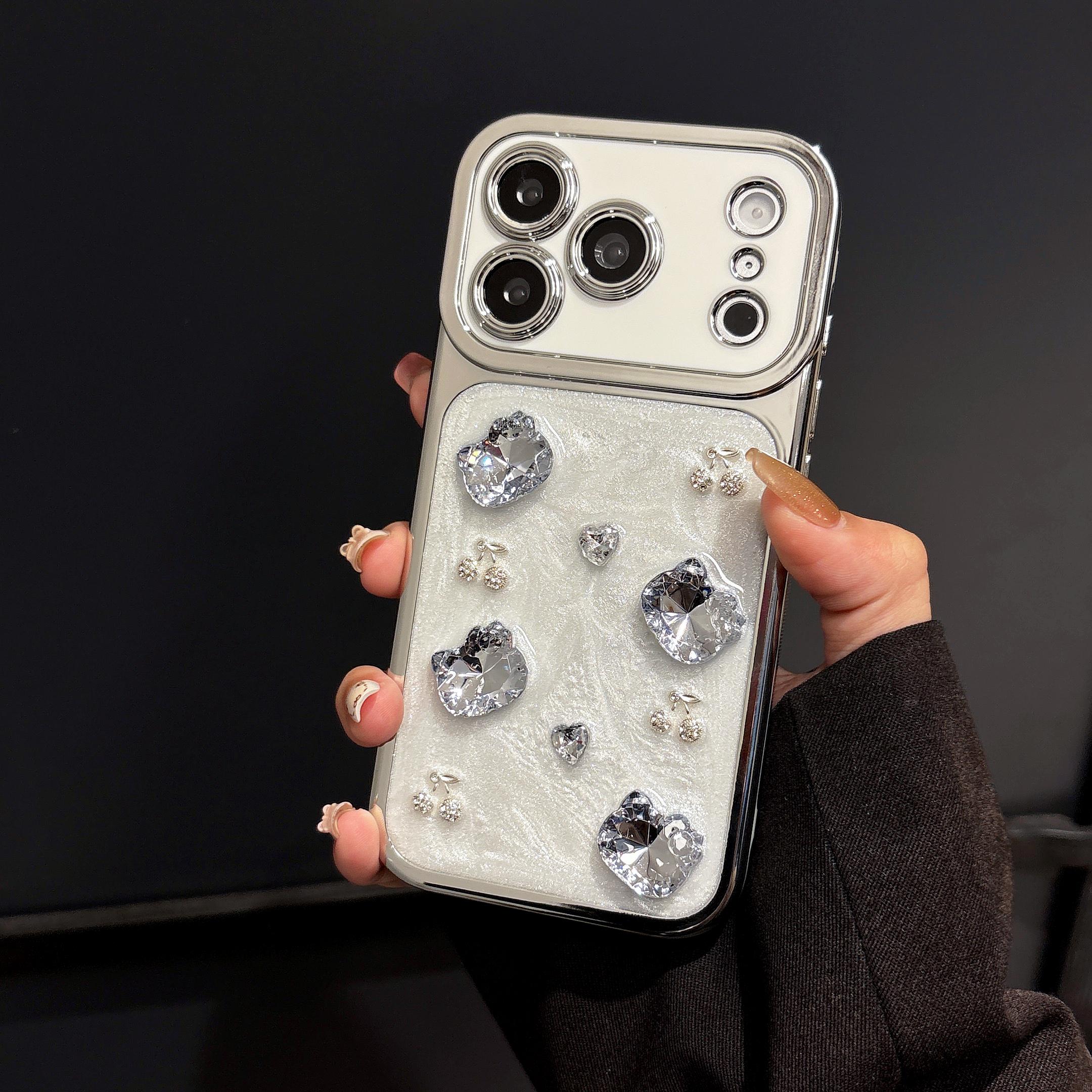 

Luxury Electroplated Fashion Cherry KT Phone Case for iPhone 17 Pro Max 15 14 13 16 Pro Max Fundas Cute Cases Protective Cover iPhone 15 серебряный