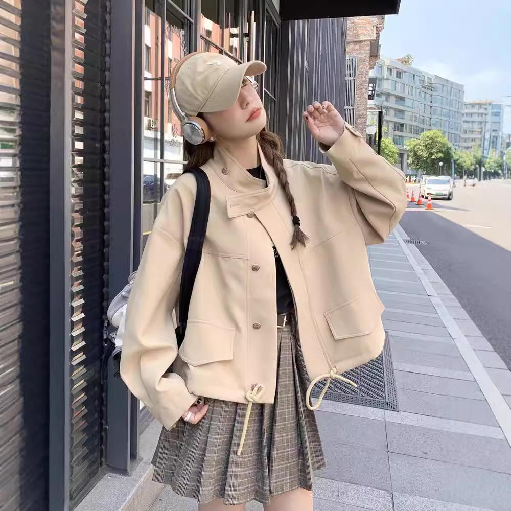 Krótka kurtka wiatrówka dla kobiet na jesień i zimę nowy styl amerykański retro khaki kurtka z kołnierzem stojącym kurtka robocza dla kobiet zima