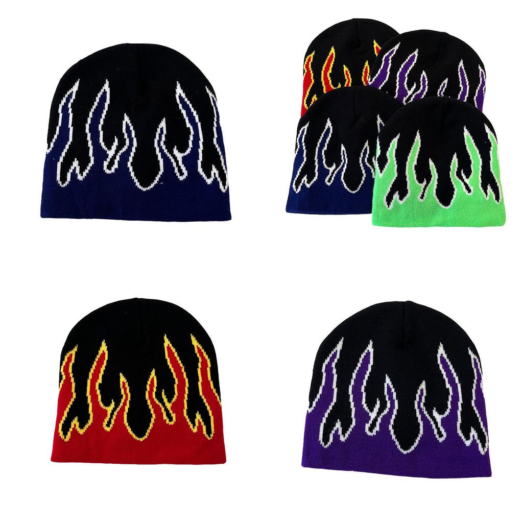 Punk Knitted Hat For Men With Flame Design And Letter Embellishments For Streetwear And Winter Warmth