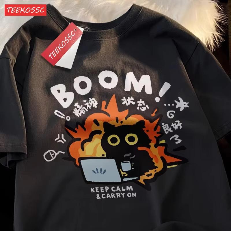 Good Mental State Pure Cotton Short Sleeved T-shirt for Men Women 2024 Summer New Tee Clothes Loose Casual Cartoon Oversized Top