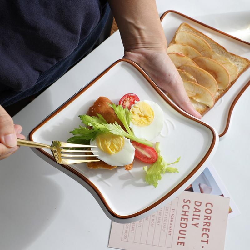 Creative Bread Shaped Ceramic Breakfast Plate Toast Dishes Salad Fruit Snack Tray Household Tableware Dinner