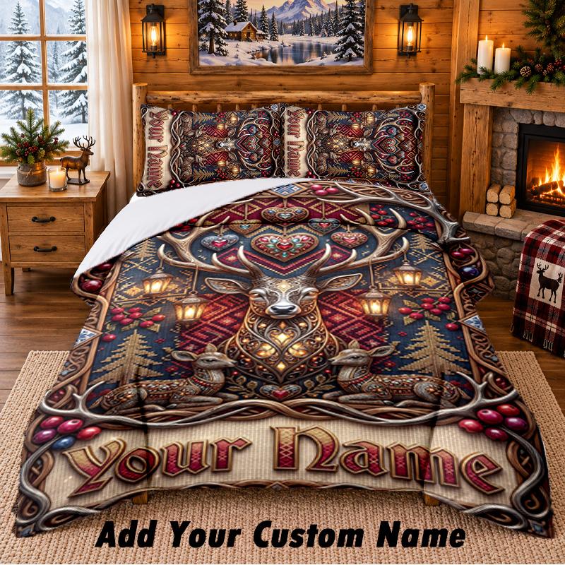 Christmas Custom Name Pattern Bedding 3Pcs Set Bed Sheet Pillowcases Indoor Bedroom Holiday Gift
