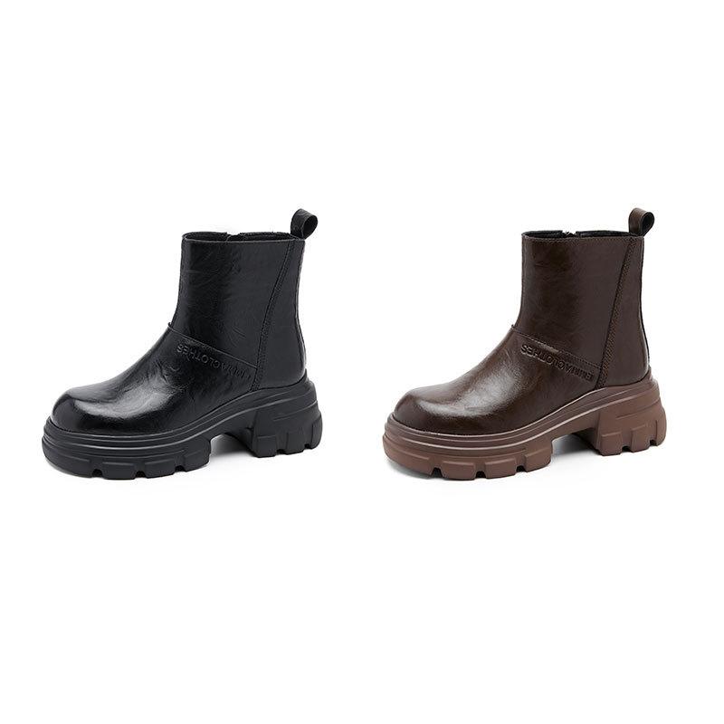 2025 autumn and winter platform leather Martin boots women's versatile British style thin boots round head high heel short boots