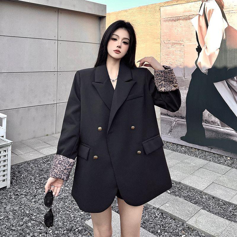 Spring and Autumn Women Long Sleeve Blazer Coat Niche Leopard Patchwork Loose Temperament Padded Shoulder Casual Suit Outerwear