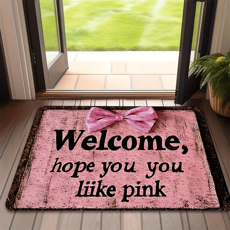 Pink Bow Welcome Doormat Vintage Wood Effect Entry Mat "Hope You Like Pink" Quote Rug for Girly Home Porch Bedroom Bathroom