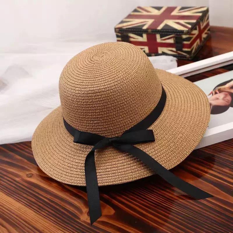 Retro bow straw hat simple and sweet versatile seaside vacation beach hat fashionable sunscreen straw hat