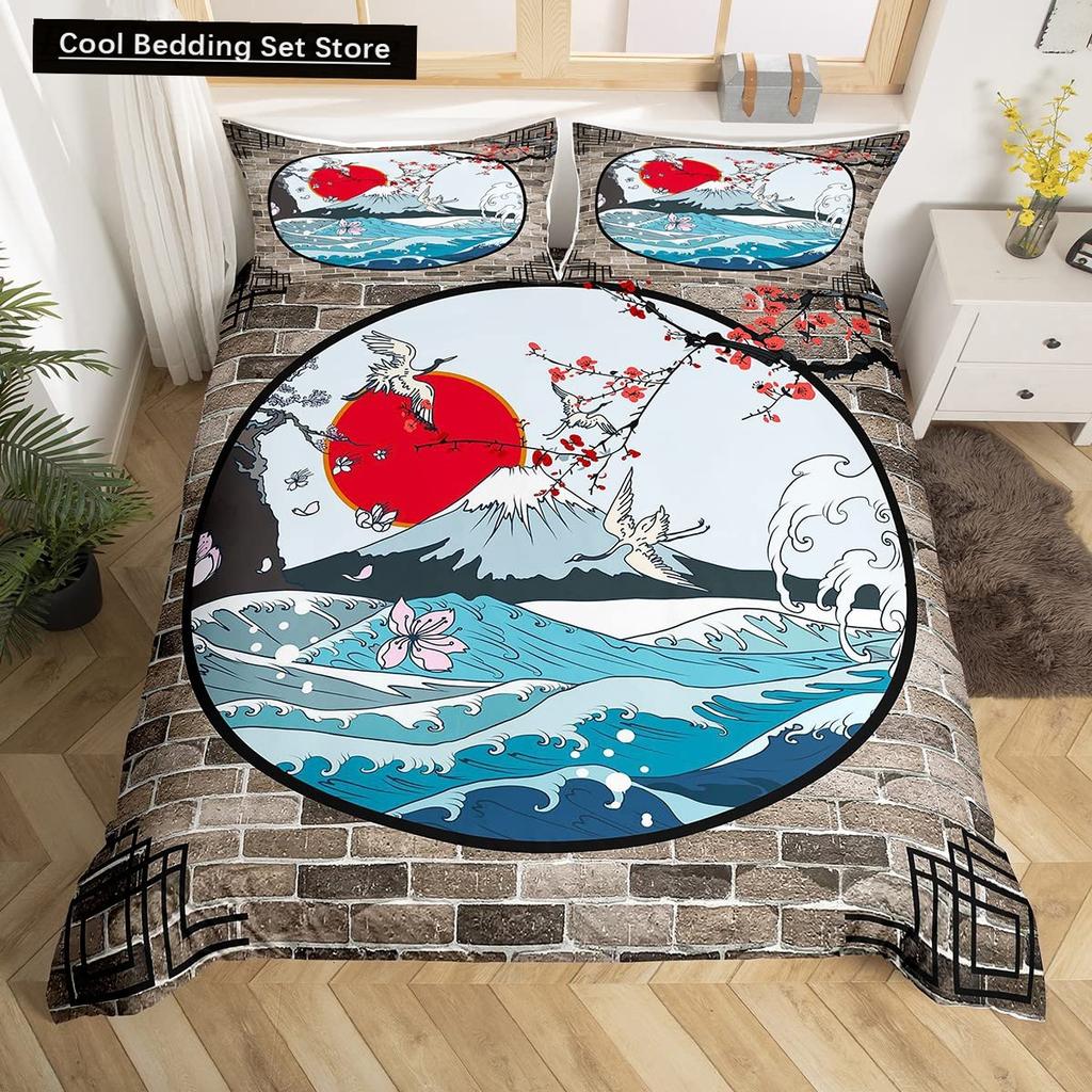 Japanische Ukiyo-e King Queen Bettbezug Goldener Fisch Hokusai Bettwäsche-Set Kran Welle Steppdeckenbezug Rote Sonne Polyester Bettdeckenbezug