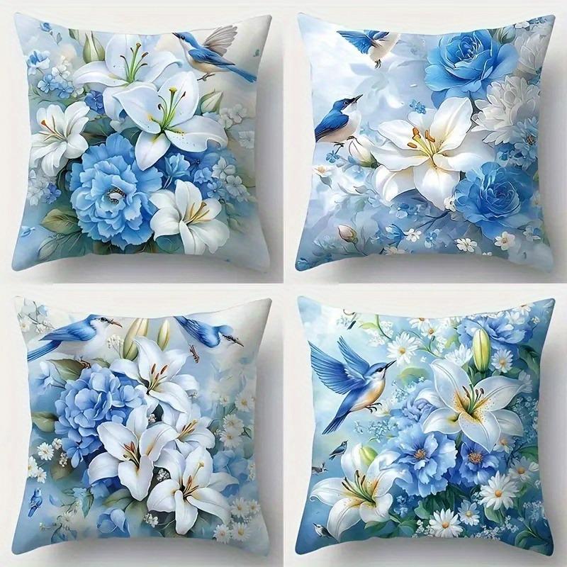 

Elegant Blue & White Lily Pillowcase - Floral & Bird Print Pillow Cover for Sofa Bedroom Living Room 4PC-45x45cm