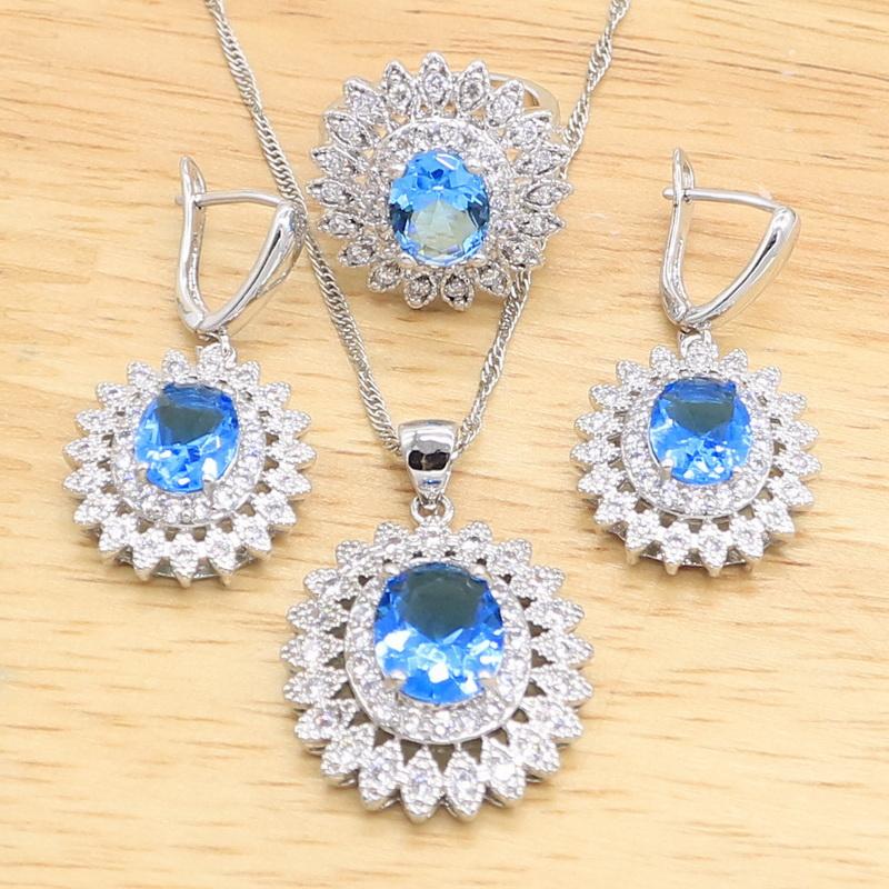 Jewelry Sets For Women Sky Blue Crystal Flower Bracelet Necklace Pendant Earrings Ring Wedding Gift