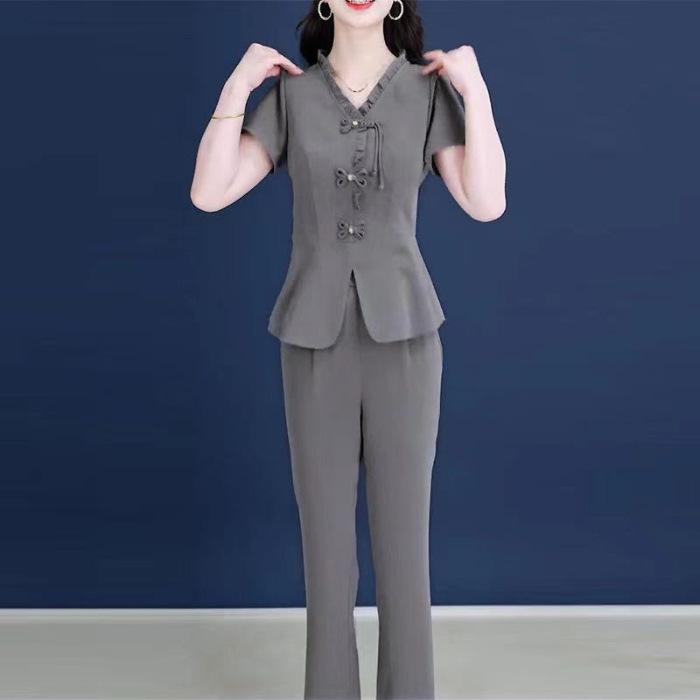 Luxury-lite Solid-color Set - Women's Summer Elegant Style Short-sleeved Shirt and Casual Pants Two-piece Set for Women