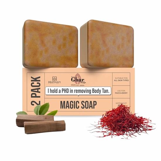 Ghar Magic Soap Tan Removal Pack Of 2 | Chandan & Kesar Bath Soap | Handmade Soaps For Glowing | De-tan Remover Skin Brightening For Men & Women