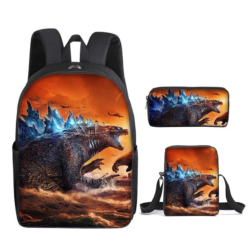 2021 Godzilla Wars King Kong School Bag Three-Piece Combination Set Primary And Secondary School Students Printed Backpack Cartoon School Bag