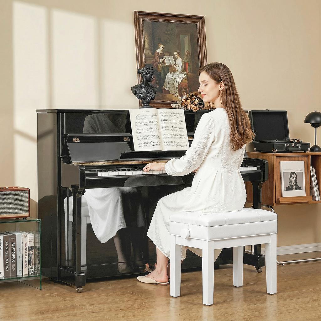 Piano Bench Stool, Storage, Adjustable Height, Hevea Wood, White