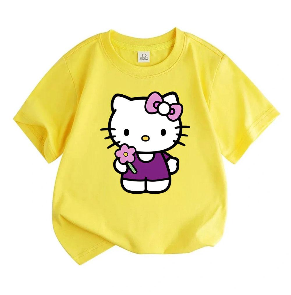 Kids Boys Girls Crew Neck Short Sleeve 100% Cotton T-Shirt, Cute Cartoon Cat Print Casual Soft Breathable Tee with Lovely Pink Flower, Comfortable Dai
