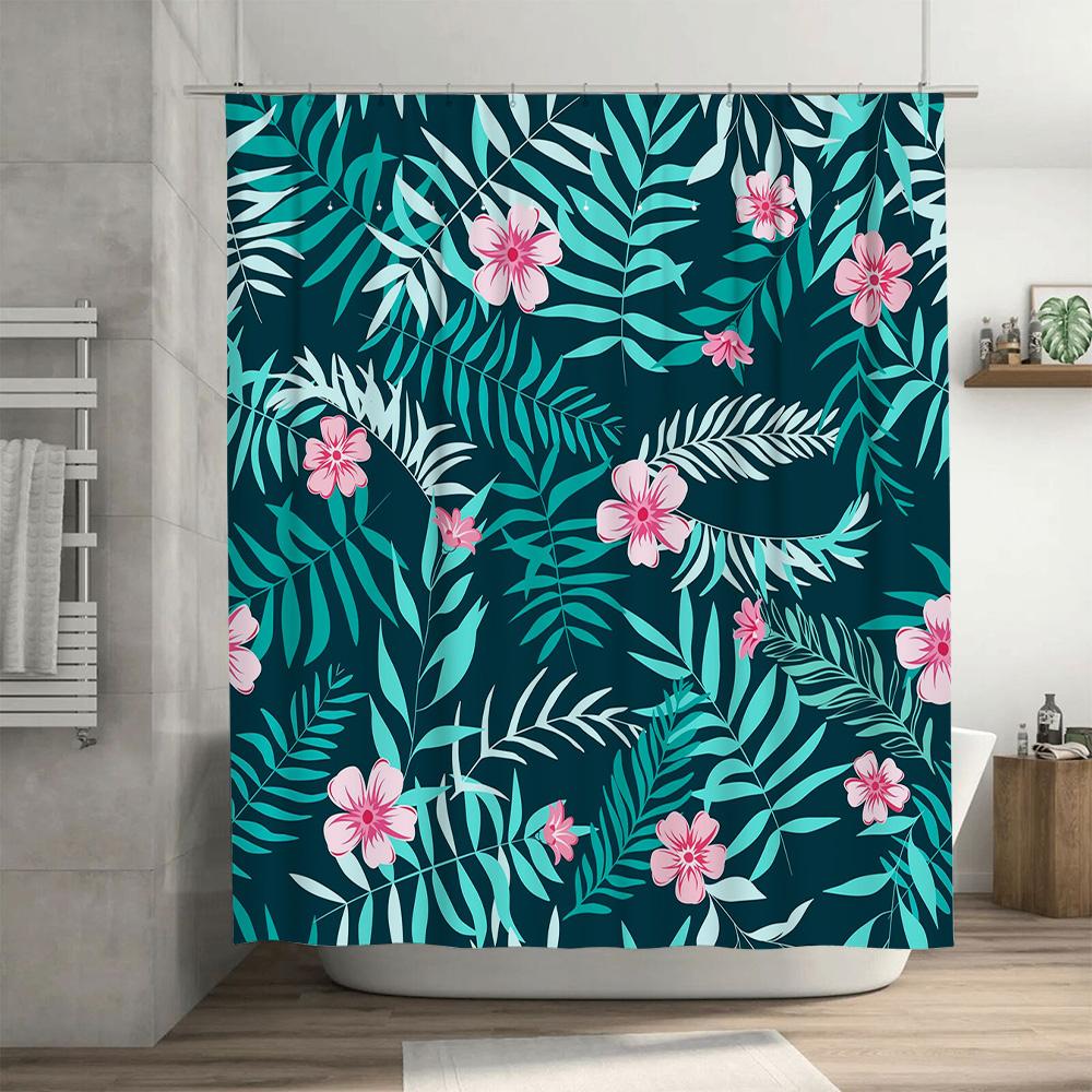 Beautiful Blue Floral Shower Curtain Waterproof Fabric for Bath Decor in Modern Bathroom Design with White Ceramic Tub Surroundi