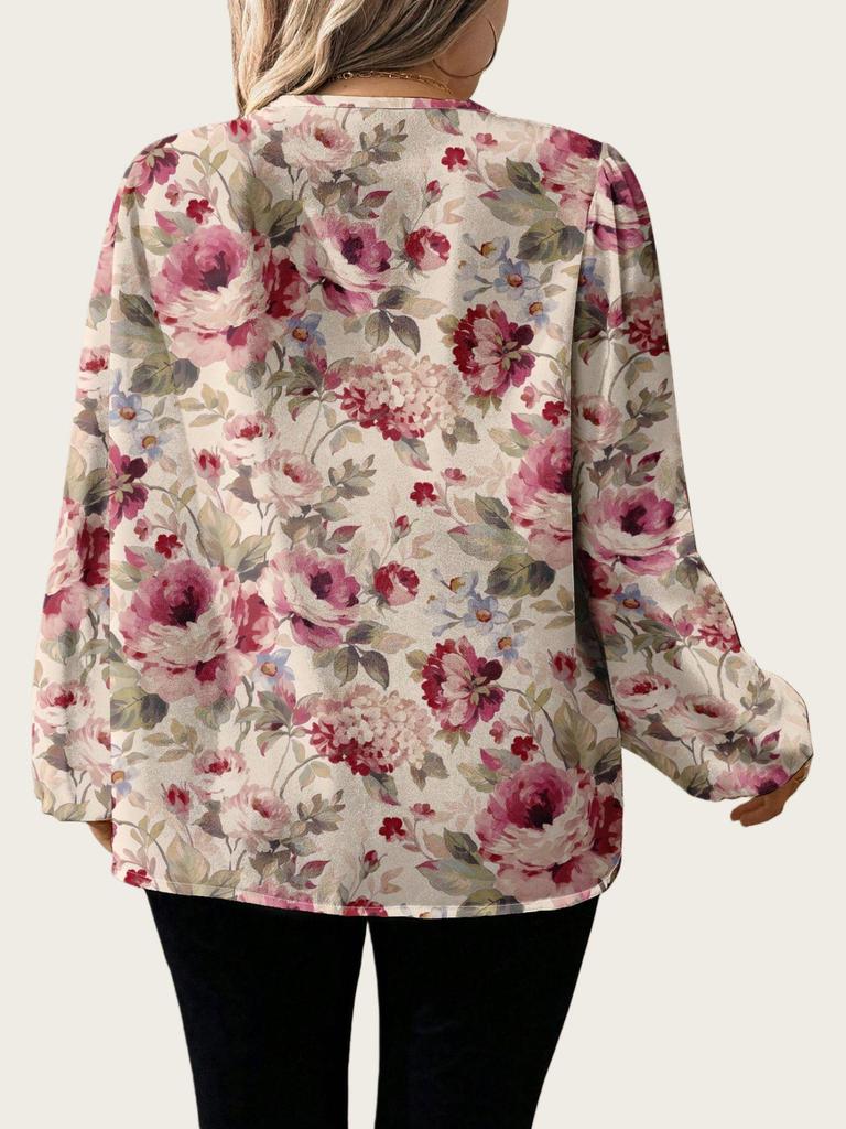 Plus Size Retro Floral V-neck Lantern Sleeve Chiffon Blouse