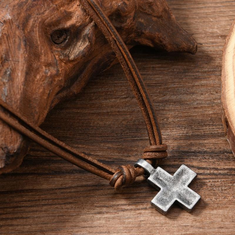 Cowhides Braided Necklace With Crucifix Pendant Adjustable Length Clavicle Chain Accessory Suitable For Men And Women