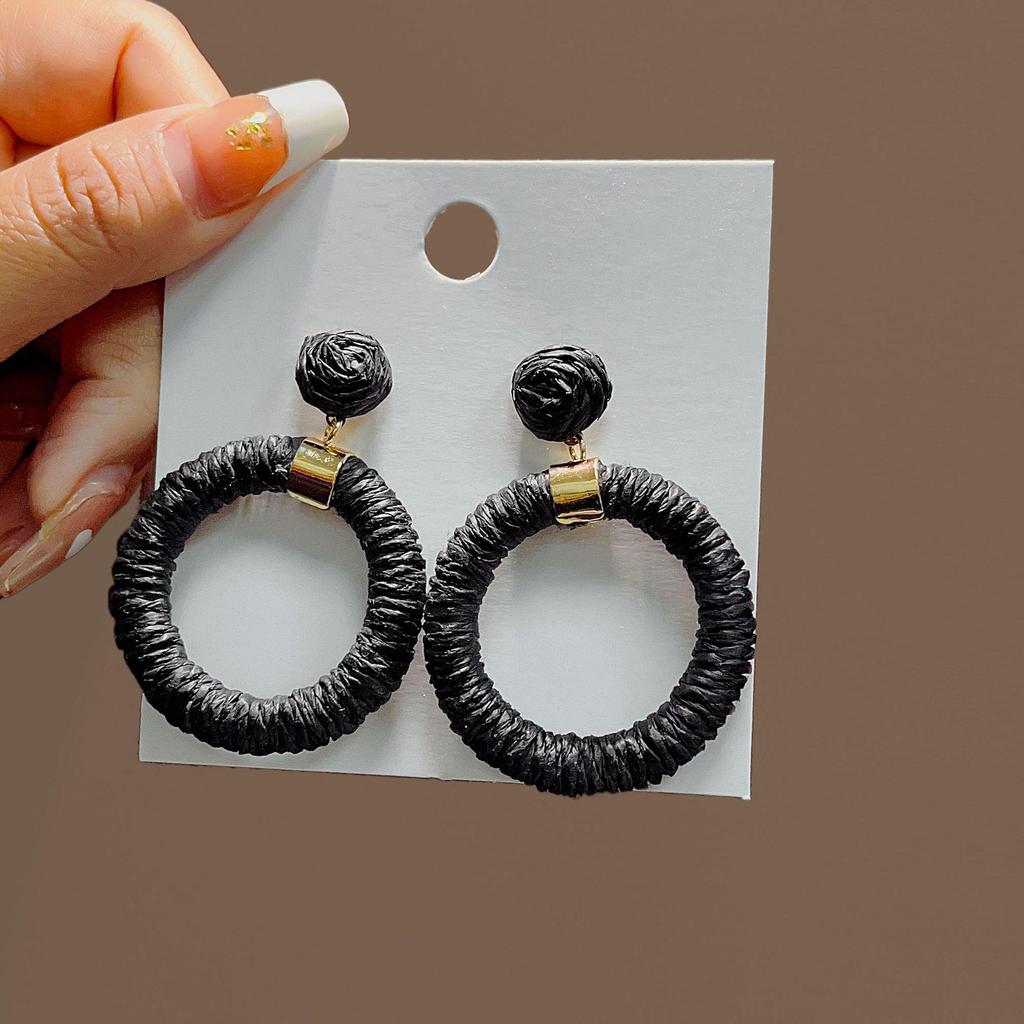 Bohemian Geometric Rattan Woven Stud Earrings: Round, Handmade, Elegant Beach Vacation Style