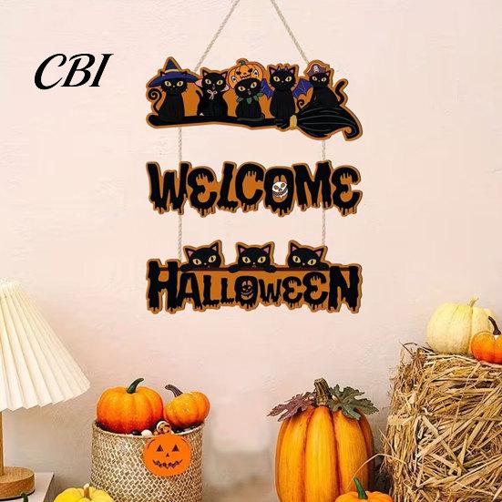 Elegant Natural Wood Sign Halloween Wooden Door Sign, Black Cats Broom Front Hanger, Rustic Hanging Welcome for Home Window Wall Party Decor