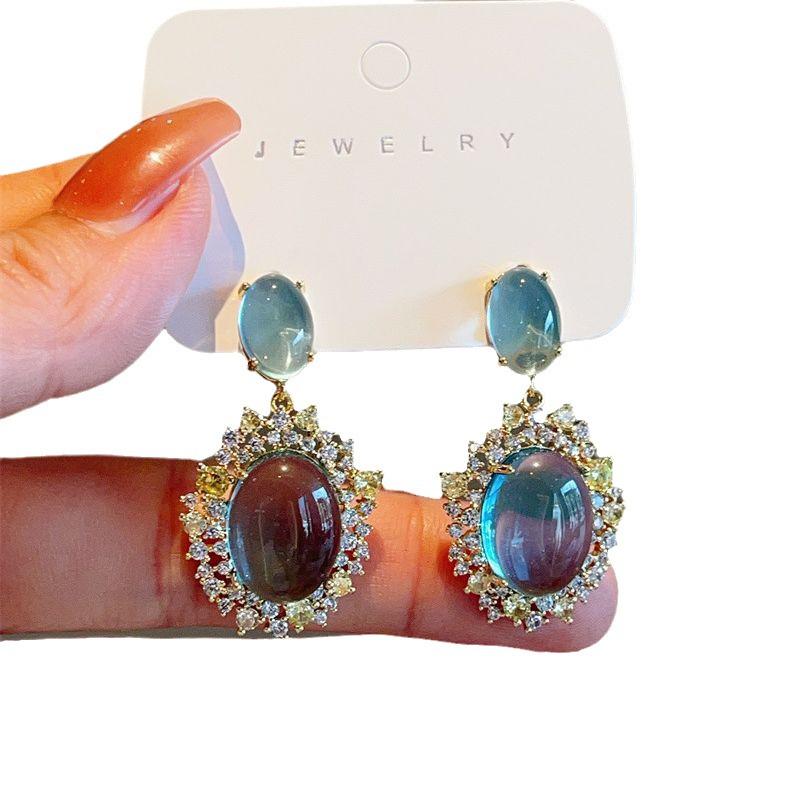 Mint Blue Cat's Eye Zircon Dangle Earrings - Retro High-End Elegance