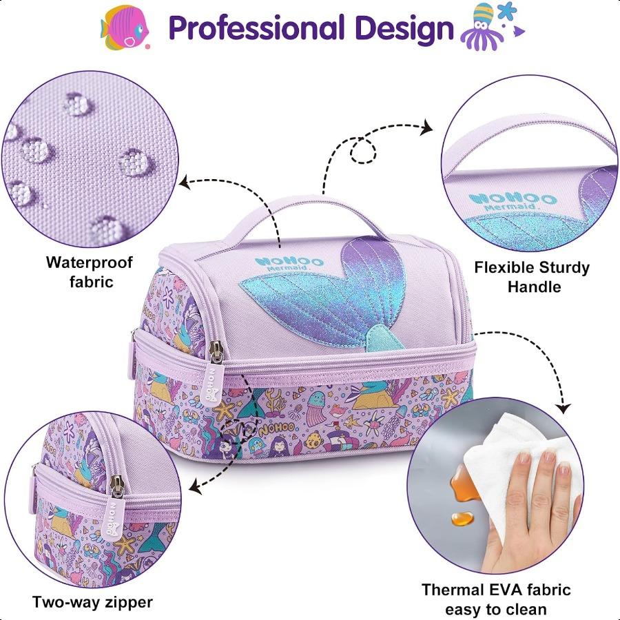 NOHOO Insulated Lunch Bag Small Cute Reusable Purple Mermaid Princ Food Box Bag for Girls Toddler Preppy School Kindergarten Da