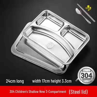 304 Stainless Steel Rectangular 3-Compartment Lunch Tray with Lid