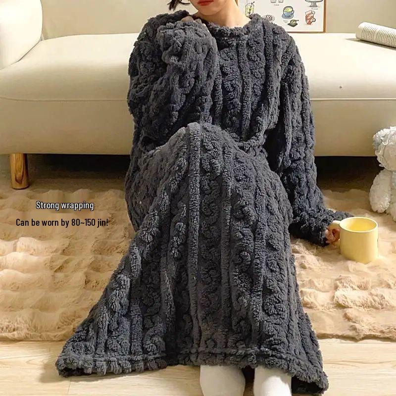Women's Winter Coral Fleece Jacquard Long Robe Pajamas with Pockets