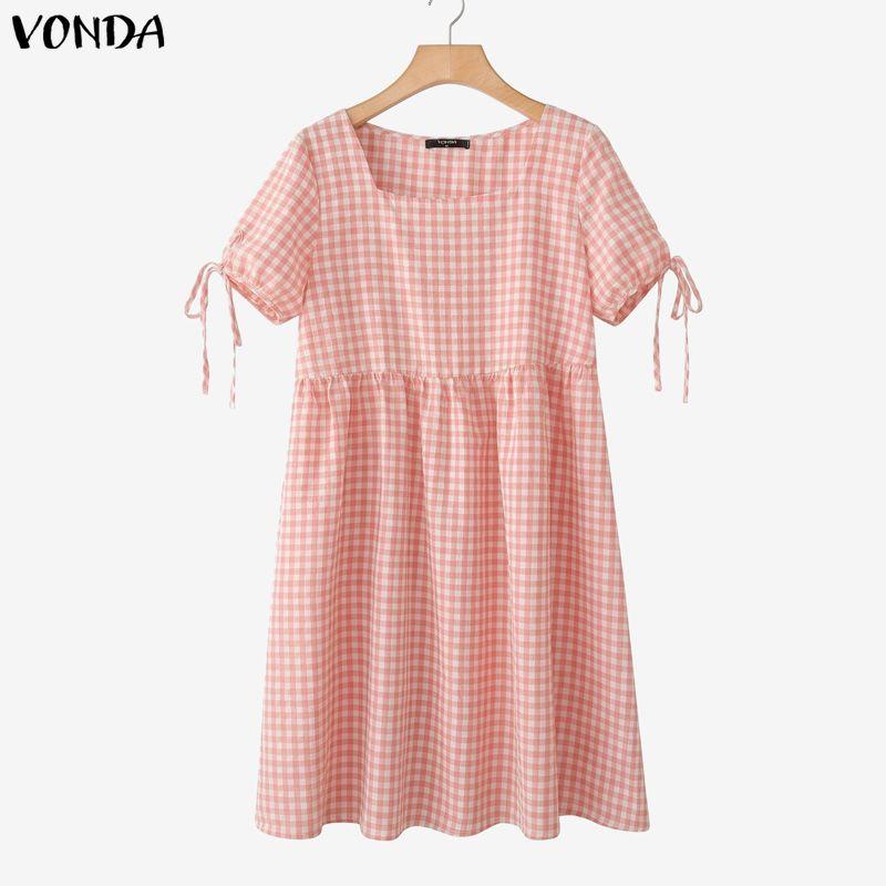 ZANZEA Elegant Women Square Collar Short Sleeve Plaid Casual Pleated Tunic Dress S