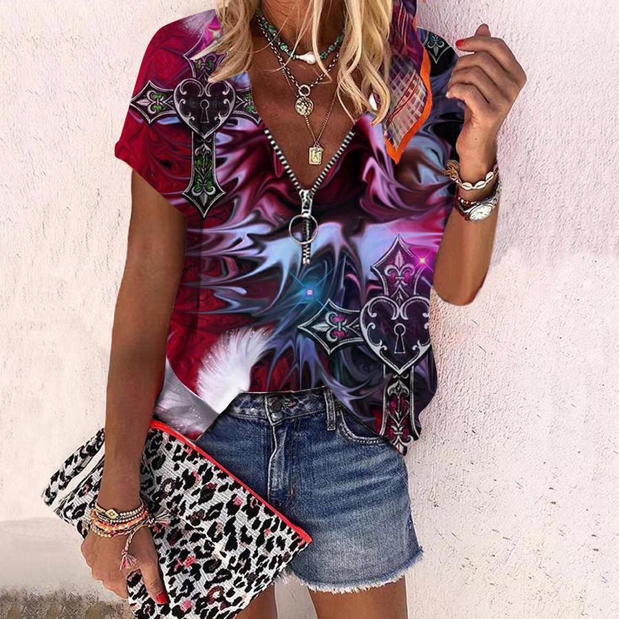 Dámský top Léto Nová móda Růže Květ Ostružina Růže Tištěná Neformální Top Výstřih do V Krátký rukáv