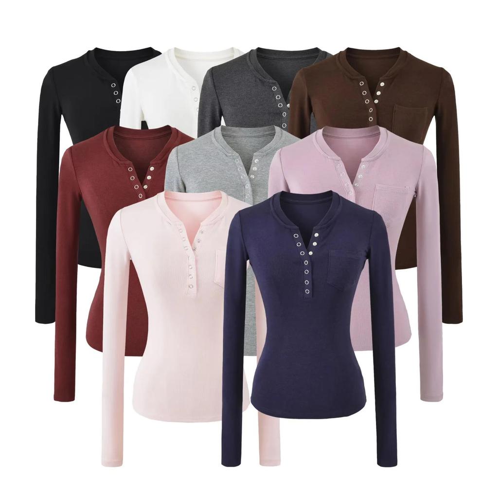 Women's American Spicy Girl Slim-Fit Henley Collar Long-Sleeve T-Shirt - Versatile Base Layer Top, 2026