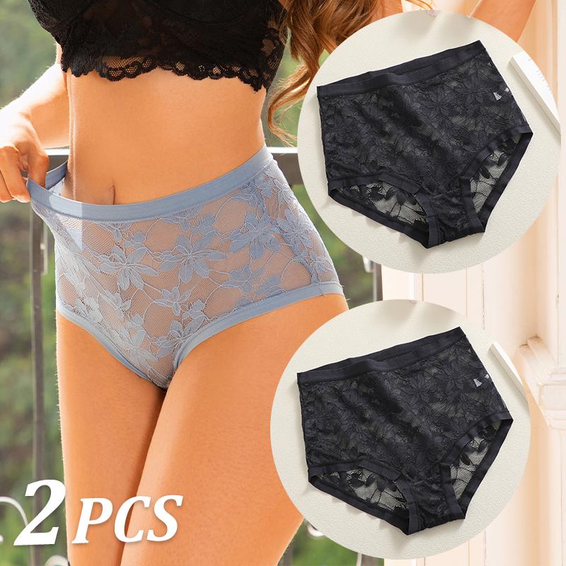 FINETOO 2Pcs Sexy Floral Lace Panties High Waist Lace Briefs Hollow Out See-Through Romantic Lingerie Fashionable Underpants Underwear