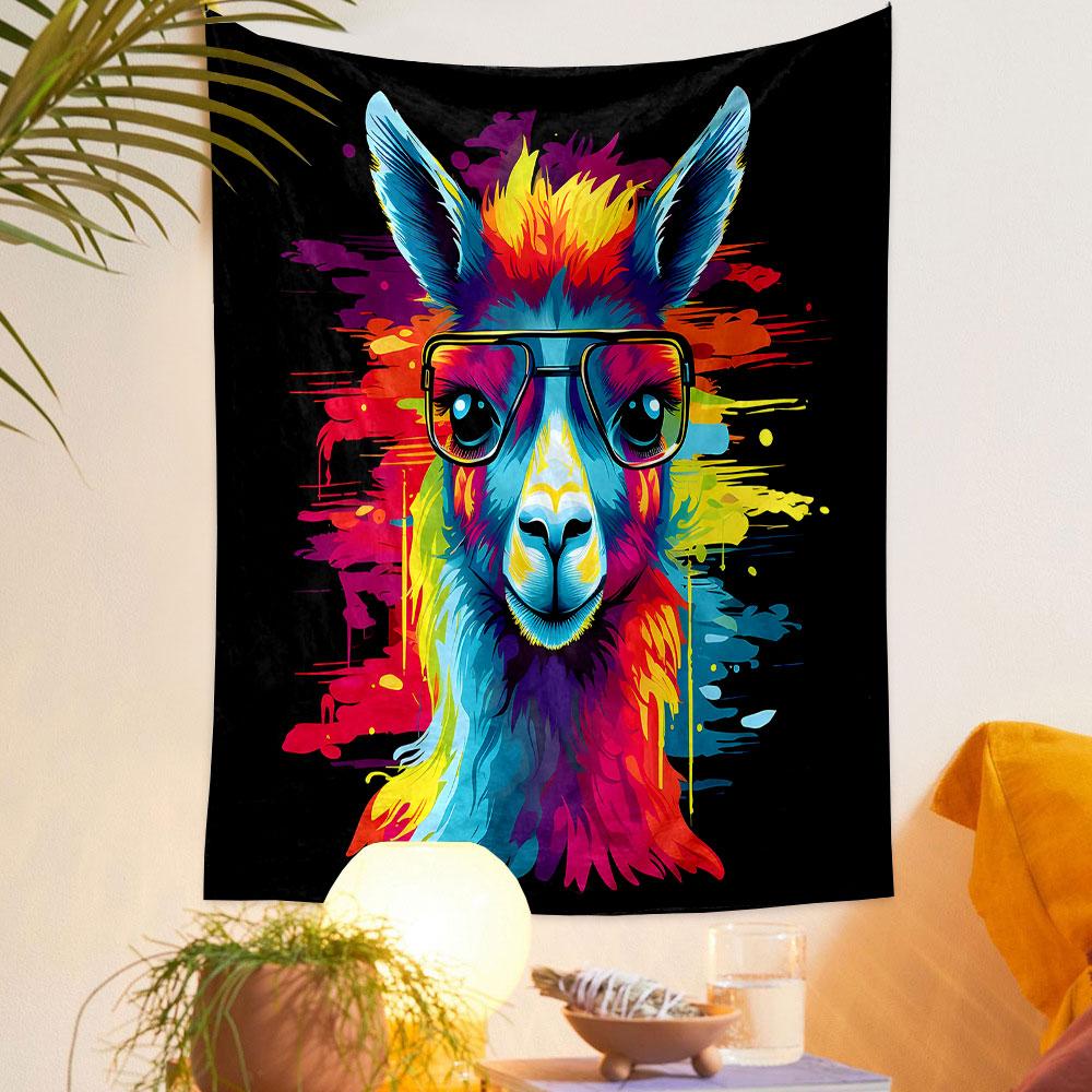 Colorful Llama with Glasses Artwork Patterned Tapestry Decorative Wall Hanging, Home Bedroom Living Room Decor