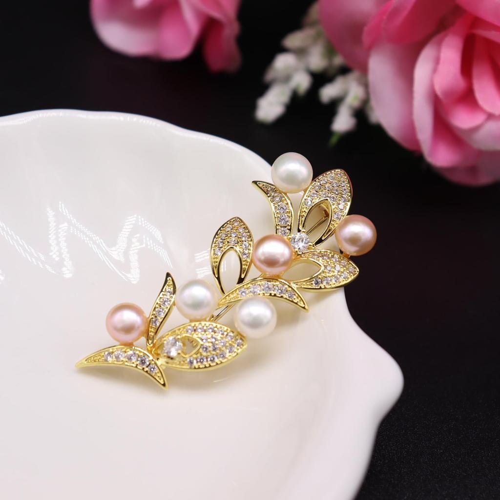 Freshwater Pearl Brooch Zircon Leaf Lovely Chest for Entrance Gift for Gift Case Included Corsage, Decoration, Graduation, Ceremony, Wedding,