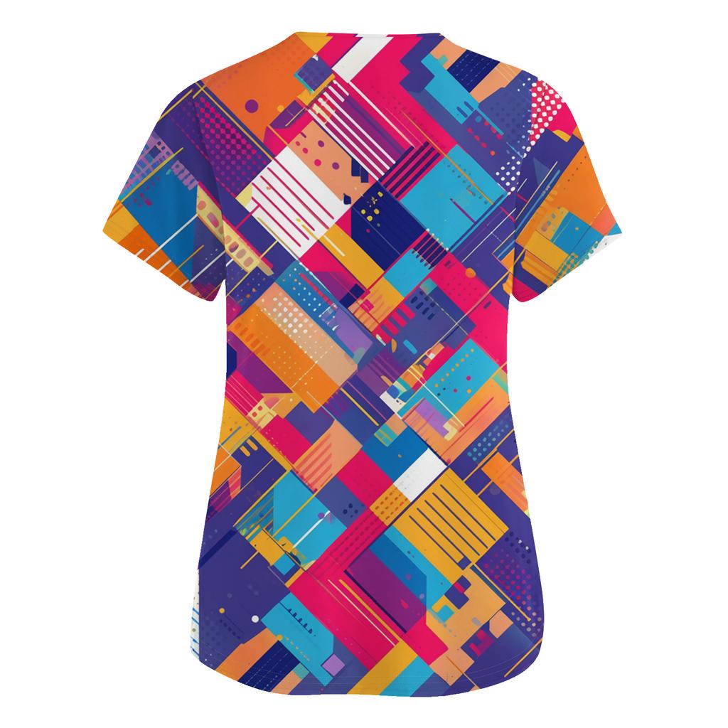 Women's Fashionable V-neck Workwear Printed Short Sleeved Pocket Side Slit Workwear Basic Pullover Top