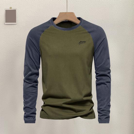 Men Raglan Long Sleeve T-shirt O-Neck Patchwork Color Pullover Tops Loose Fit Elastic Cuffs Breathable Casual Tops