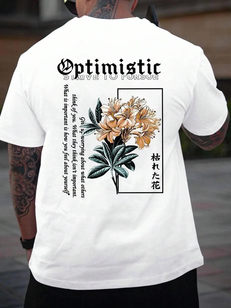 Optimistisches Streben nach Porsue Harajuku Blumendruck Herren T-Shirt Übergroße lockere T-Shirts Baumwoll-T-Shirts Atmungsaktive T-Shirts
