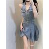 Women's Retro Denim Halter A-line Dress - Sweet & Spicy Style, Slimming Waist, Small Height Fit for Summer