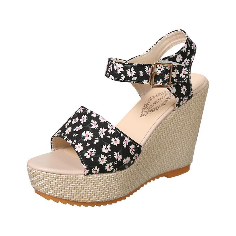 Large Size Fish Mouth Sandals Women's Spring and Summer New Slope Heel Thick Sole One-word Buckle Women's Sandals
