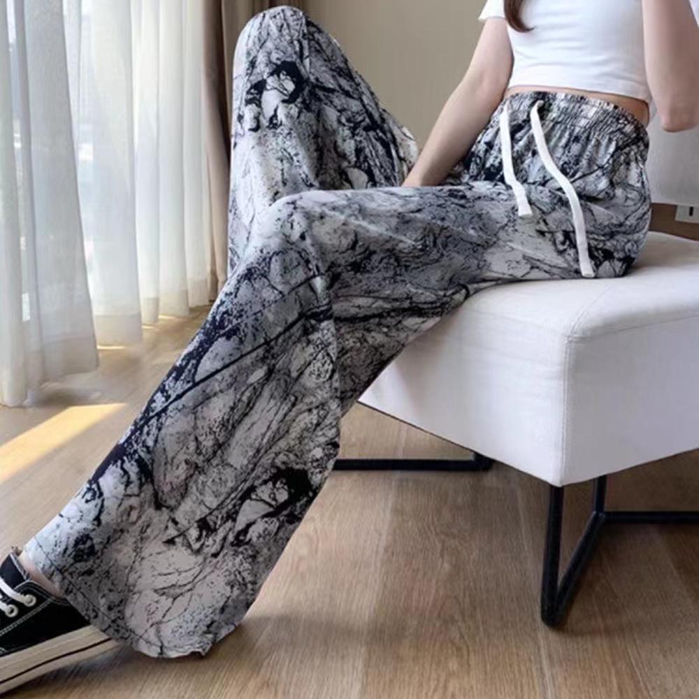 Women's 2025 Spring Retro Brown Plaid Wide-Leg Ice Silk Pants