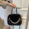Hairy Handbag Pearl Chain Plush Small Square Bag For Women Fashion Elegant Shoulder Crossbody Bag Autumn Winter Versatile Totes