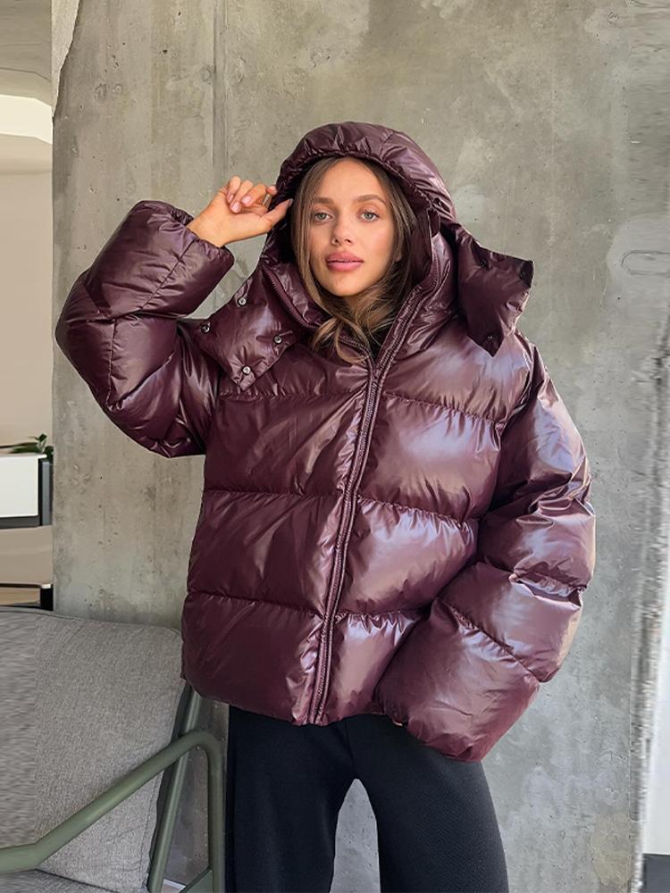 Dámská péřová bunda z lakované látky s odnímatelnou kapucí Dámská hřejivá, jednoduchá a módní zimní bunda 2025
