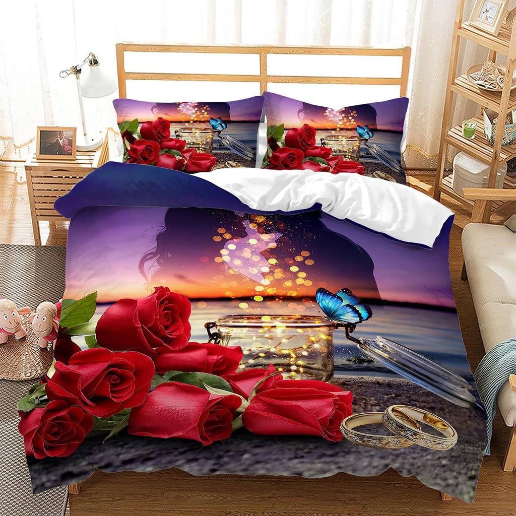 Rosa Rose Dreiteiliger Bettbezug Digitaldruck Bettwäscheset Niedlicher Hund Katze Bettdecke