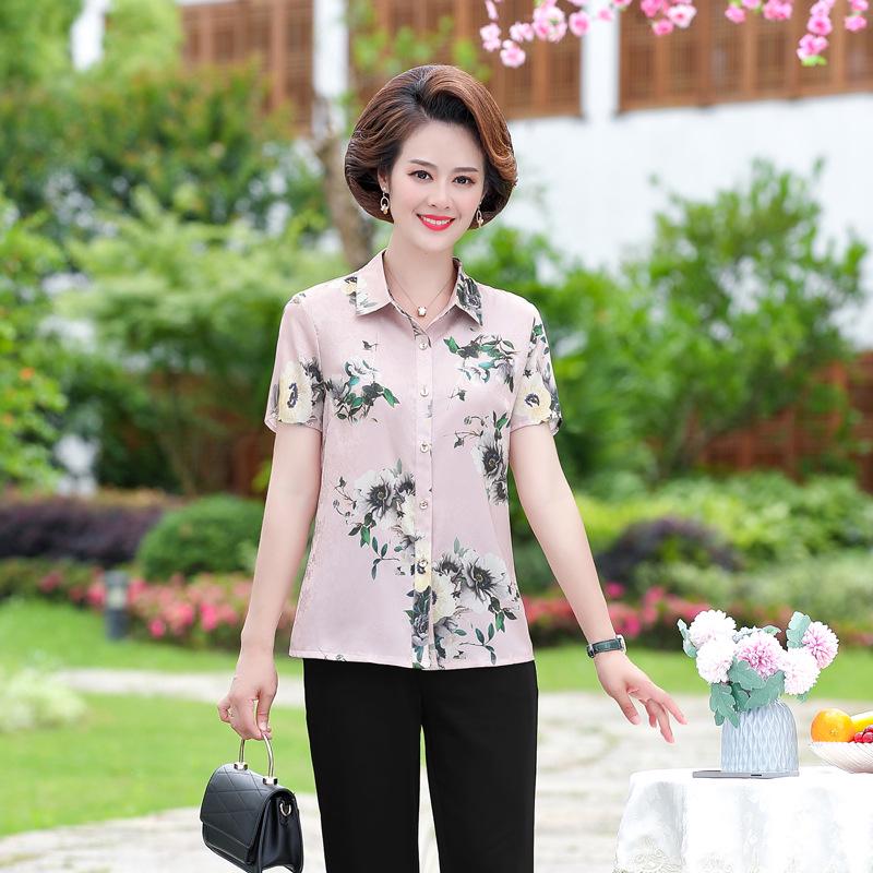 

2026 Stylish Summer Printed Lapel Top for Middle-Aged Women 5XL (Recommended 75-82.5 kg) рожевий