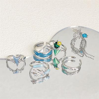 Blue Ocean Drip Glaze Open Ring Star Chain Niche Design Sense Personality Advanced Sense Index Finger Ring Female