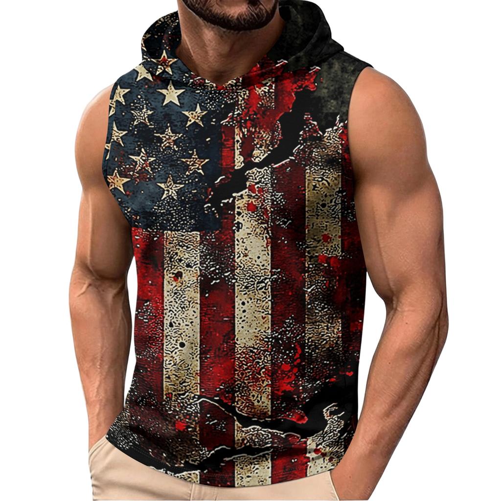 Men's Sleeveless Hoodie Casual Tank Top Patriotic Print Athletic Fit Pullover Lightweight Summer Muscle Shirt with Hood