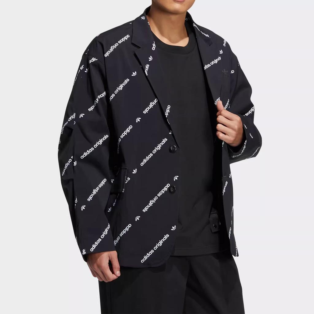 Adidas Originals Trefoil All-Over Logo Print Single-Breasted Blazer Unisex Outerwear Black HU1241