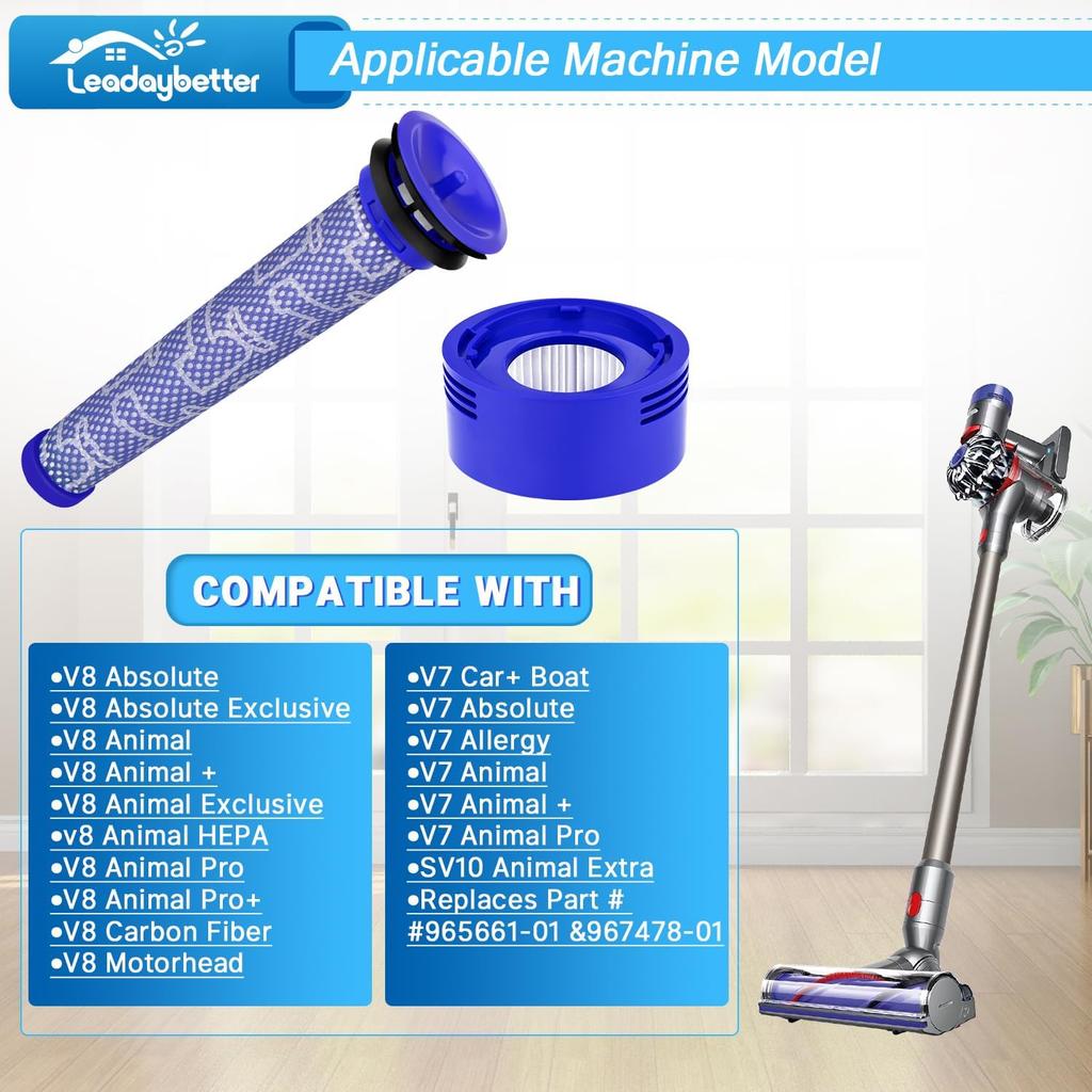 Filter Replacement for Dyson V7 V8 SV10 Animal Absolute Motorhead Cordless Vacuum Cleaner, 2 Post Motor Filters & 2 Pre HEPA Filter Replacements